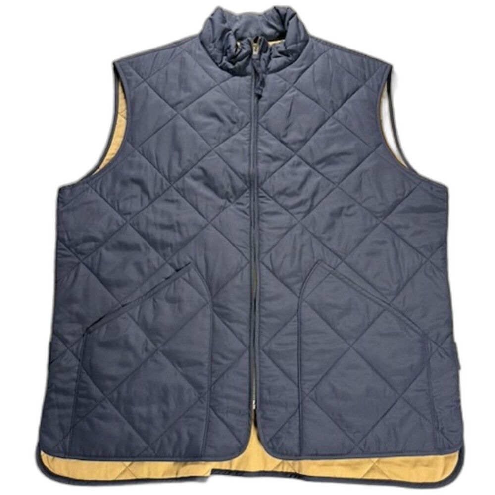 J.Crew Walker Quilted Vest Men's L Navy Blue Tan Lined Full Zip Preppy